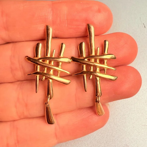 Brutalist Cross Hatch Mid Century Sterling Silver 925, Gold Dangle Earrings MCM